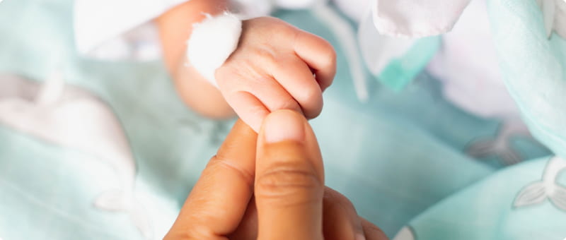 A caregiver holds a premature newborn baby's tiny hand.